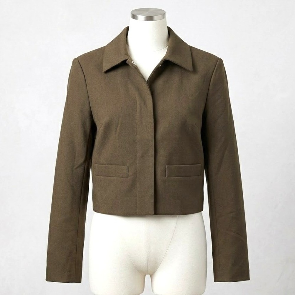 HM Womens Cropped Blazer Jacket Olive Brown XS Earth Tone Minimalist Collared